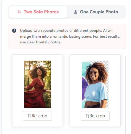 Upload two photos to AI kiss generator interface